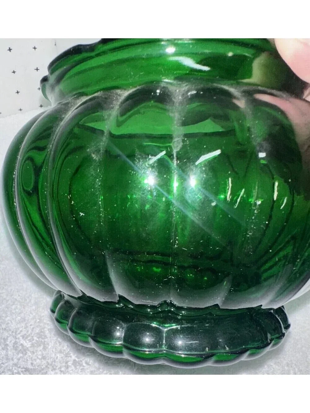 A.L.R. Co Ribbed Round Vase Planter Emerald Green Depression Glass Vintage R-19